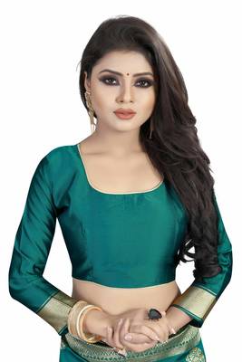 Turquoise woven banarasi silk saree with blouse 4