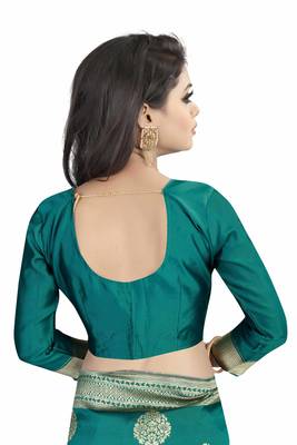 Turquoise woven banarasi silk saree with blouse 5