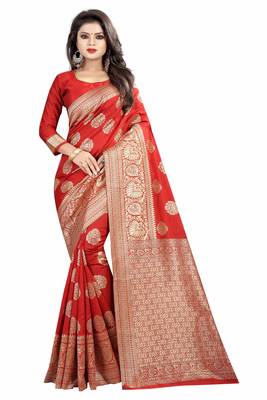 Red woven banarasi silk saree with blouse 1