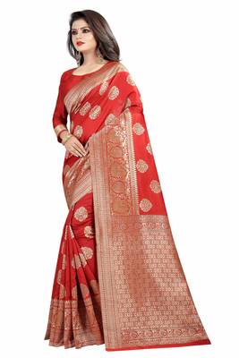 Red woven banarasi silk saree with blouse 2