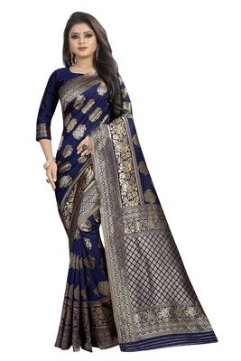 Navy blue woven banarasi silk saree with blouse 1