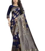Navy blue woven banarasi silk saree with blouse