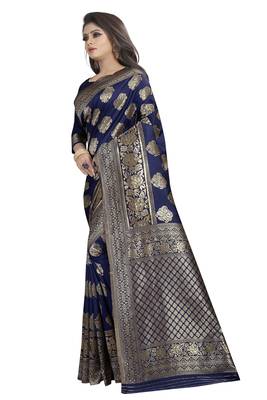 Navy blue woven banarasi silk saree with blouse 2