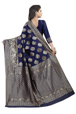 Navy blue woven banarasi silk saree with blouse 3