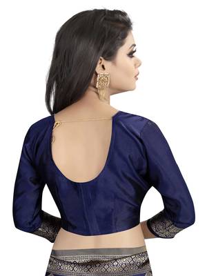Navy blue woven banarasi silk saree with blouse 5
