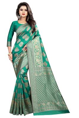 Turquoise woven banarasi silk saree with blouse 1