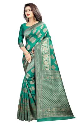Turquoise woven banarasi silk saree with blouse 2