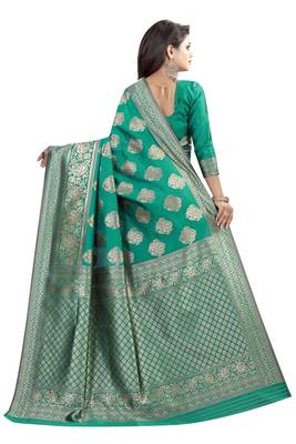 Turquoise woven banarasi silk saree with blouse 3