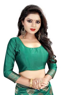 Turquoise woven banarasi silk saree with blouse 4