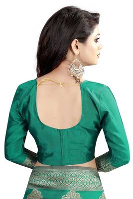 Turquoise woven banarasi silk saree with blouse 5
