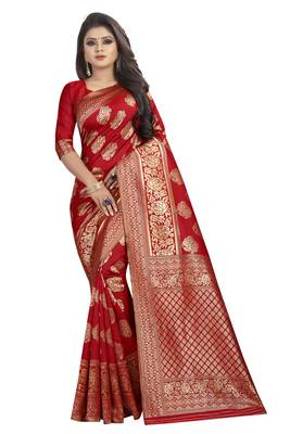 Red woven banarasi silk saree with blouse 1