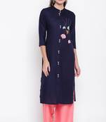 Dark blue embroidered rayon ethnic-kurtis