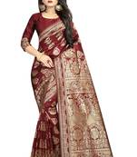 Maroon woven banarasi silk saree with blouse