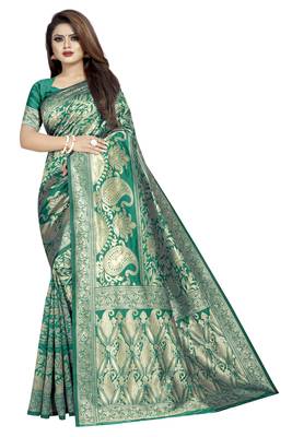 Green woven banarasi silk saree with blouse 1