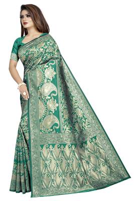 Green woven banarasi silk saree with blouse 2