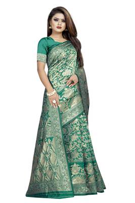 Green woven banarasi silk saree with blouse 3