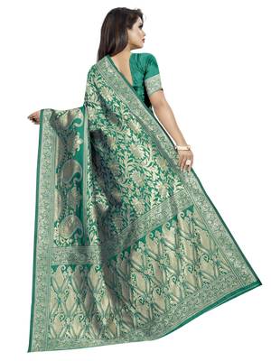 Green woven banarasi silk saree with blouse 4