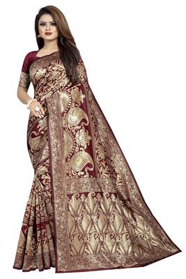 Maroon woven banarasi silk saree with blouse 1