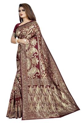 Maroon woven banarasi silk saree with blouse 2