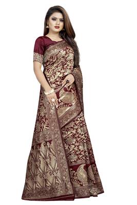 Maroon woven banarasi silk saree with blouse 3
