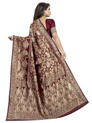 Maroon woven banarasi silk saree with blouse 4