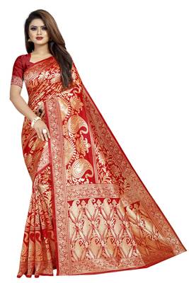 Red woven banarasi silk saree with blouse 1