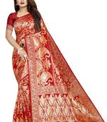 Red woven banarasi silk saree with blouse