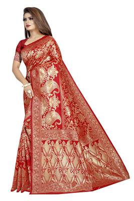 Red woven banarasi silk saree with blouse 2