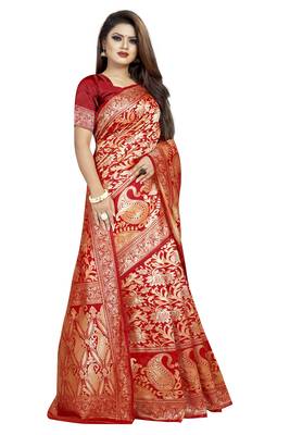 Red woven banarasi silk saree with blouse 3