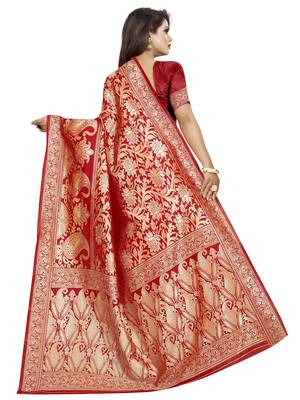 Red woven banarasi silk saree with blouse 4