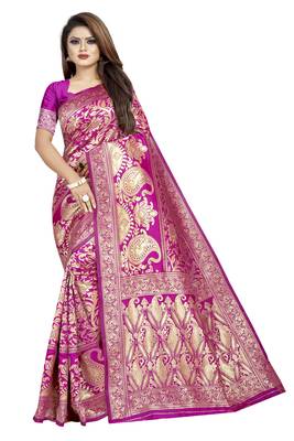 Pink woven banarasi silk saree with blouse 1
