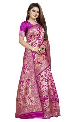 Pink woven banarasi silk saree with blouse 3