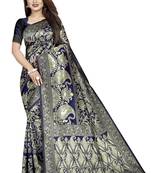 Navy blue woven banarasi silk saree with blouse