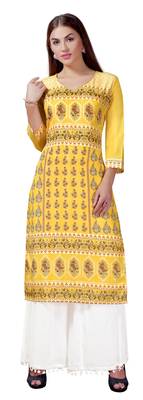 Yellow printed crepe kurtas-and-kurtis 5