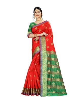 Women   s red Pure Banarasi silk Designer Saree with Wovan Design 1