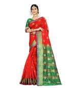Women   s red Pure Banarasi silk Designer Saree with Wovan Design