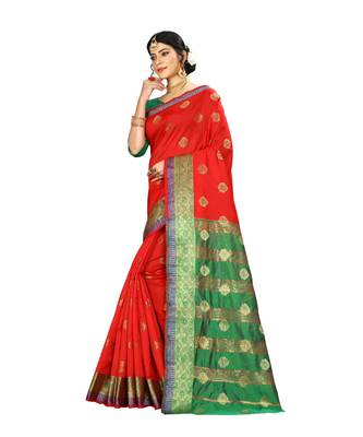 Women   s red Pure Banarasi silk Designer Saree with Wovan Design 2