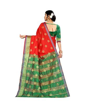 Women   s red Pure Banarasi silk Designer Saree with Wovan Design 3