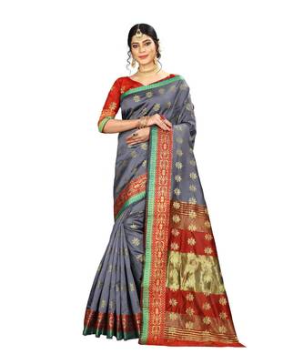 Women   s grey Pure Banarasi silk Designer Saree with Wovan Design 1