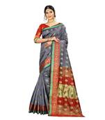 Women   s grey Pure Banarasi silk Designer Saree with Wovan Design