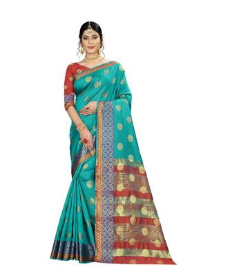 Women   s turquoise Pure Banarasi silk Designer Saree with Wovan Design 1