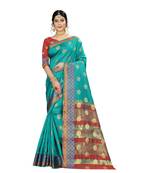 Women   s turquoise Pure Banarasi silk Designer Saree with Wovan Design