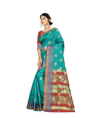 Women   s turquoise Pure Banarasi silk Designer Saree with Wovan Design 2