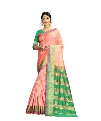 Women   s peach Pure Banarasi silk Designer Saree with Wovan Design 1