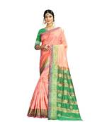 Women   s peach Pure Banarasi silk Designer Saree with Wovan Design