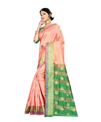 Women   s peach Pure Banarasi silk Designer Saree with Wovan Design 2