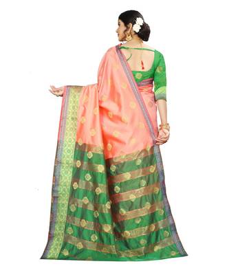 Women   s peach Pure Banarasi silk Designer Saree with Wovan Design 3