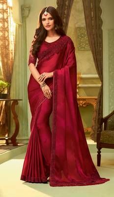 Maroon embroidered satin saree with blouse 1