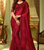 Maroon embroidered satin saree with blouse