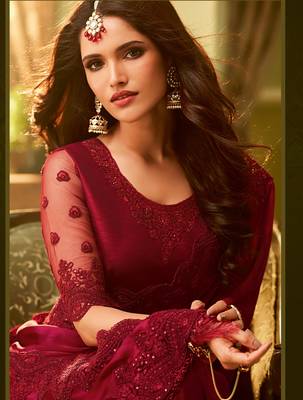 Maroon embroidered satin saree with blouse 3